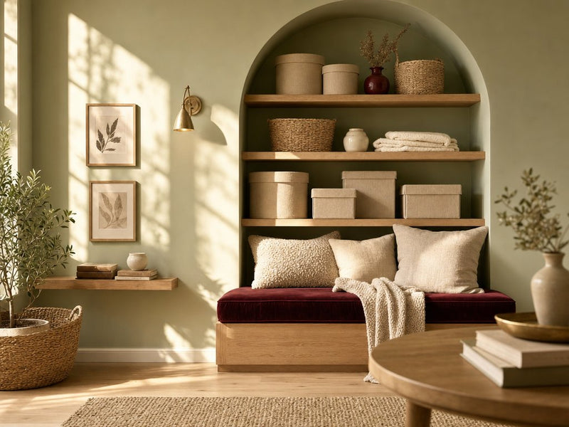Small room with a pale sage wall, an arched alcove of oak shelves with oatmeal linen storage boxes and baskets, and a bench with a burgundy velvet cushion in morning sun