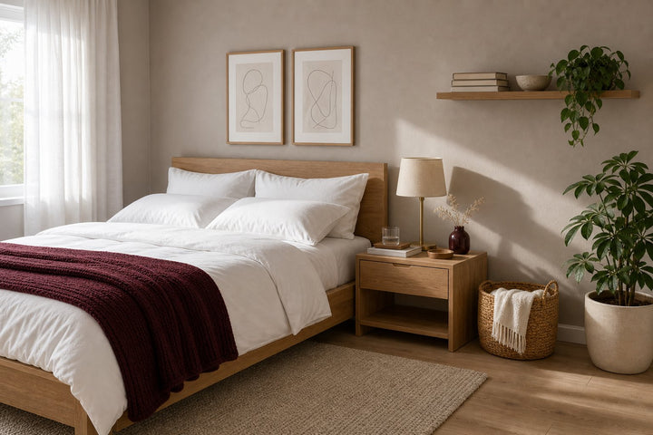 Small bedroom with a pale taupe wall, a wood-frame bed dressed in white pillows and a deep burgundy knit throw, a nightstand with a lamp and a potted plant
