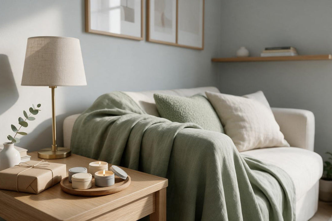 Small living-room corner with four lidded soy candle tins on a wooden tray, a kraft-wrapped gift, a eucalyptus sprig and a sage linen throw on a cream sofa against a soft dove-gray wall