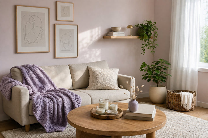 Small apartment living room with a soft blush wall, an oatmeal loveseat draped in a lavender knit throw and a round oak coffee table holding three glass jar candles on a tray
