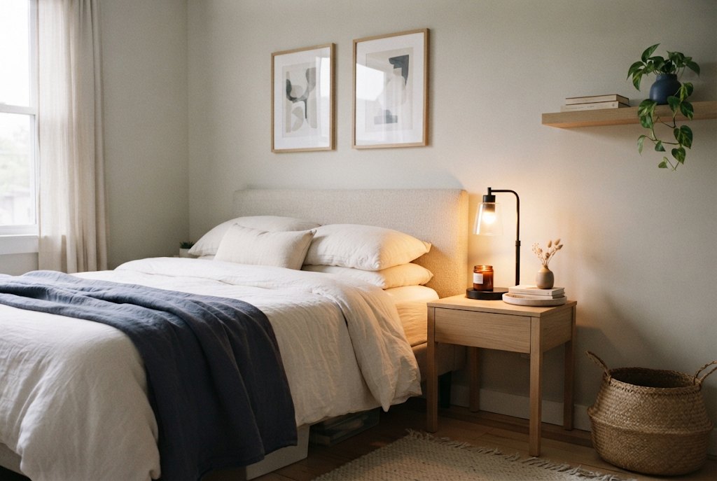 Small bedroom corner with a pale greige wall, a candle warmer lamp over an unlit amber jar candle on an oak nightstand, and a muted navy throw on the bed.