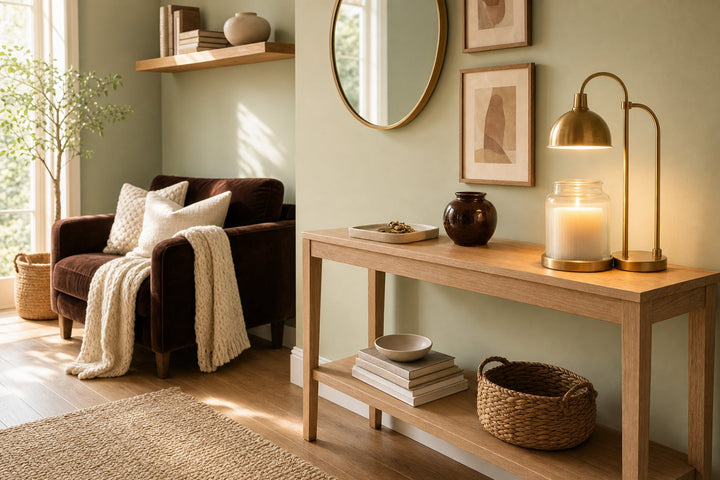 Entry nook with a pale sage wall, a brass candle warmer lamp over a white jar candle on a slim oak console, and a chocolate velvet bench