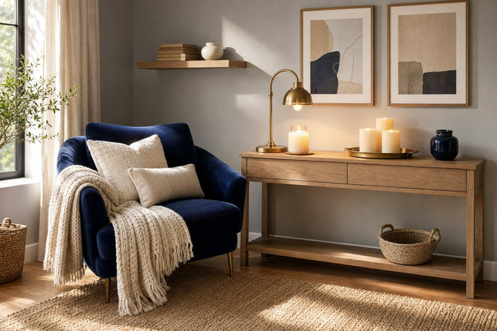 Bright small living room with a soft dove-gray wall, a brass candle warmer lamp and flameless candles on a slim oak console, and a navy velvet armchair