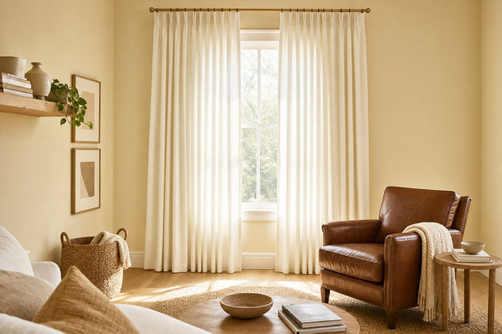 Bright small living room with a soft butter wall, ivory linen pinch-pleat curtains on a brass rod, and a chestnut leather armchair in window light