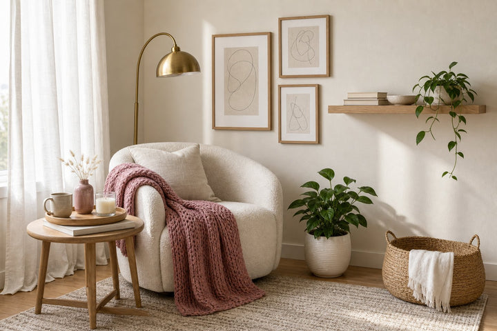 Cozy small living room corner with an ivory wall, a cream armchair draped in a dusty rose knit throw, a round side table, a trailing plant and a brass arc lamp