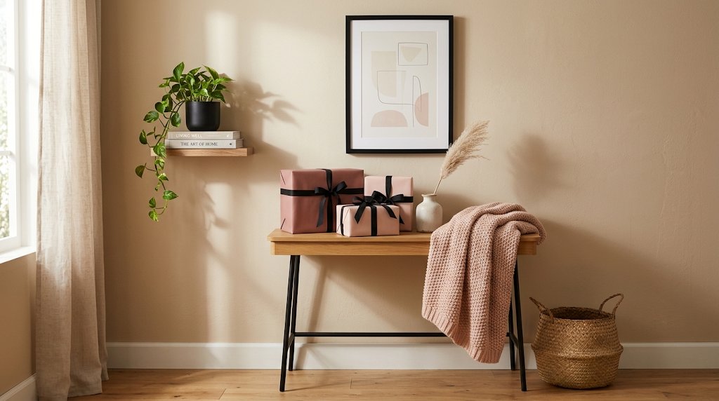 Small console table styled as a gift display with wrapped blush gift boxes, a blush throw blanket, a framed print, a floating shelf with a plant, and a woven basket, against a warm beige wall in a small apartment