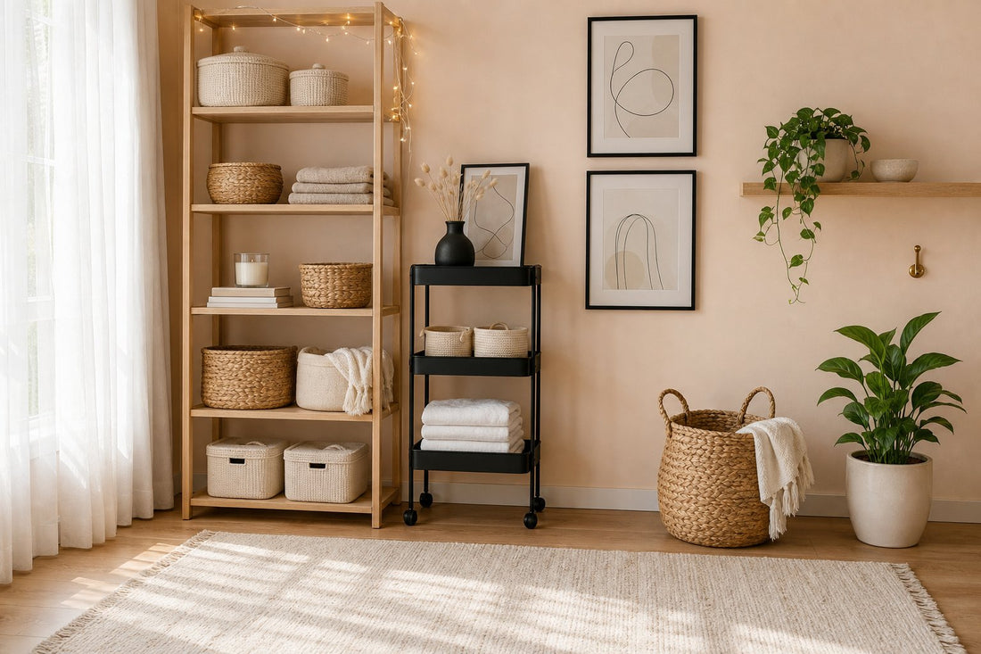 Small apartment storage corner with a soft peach wall, a tall oak shelving unit holding woven baskets and folded throws, and a slim soft black rolling cart