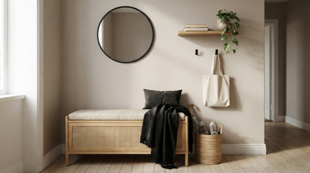Small apartment entryway corner with a cushioned storage bench, round mirror, floating shelf and woven basket, styled for smart small-space storage