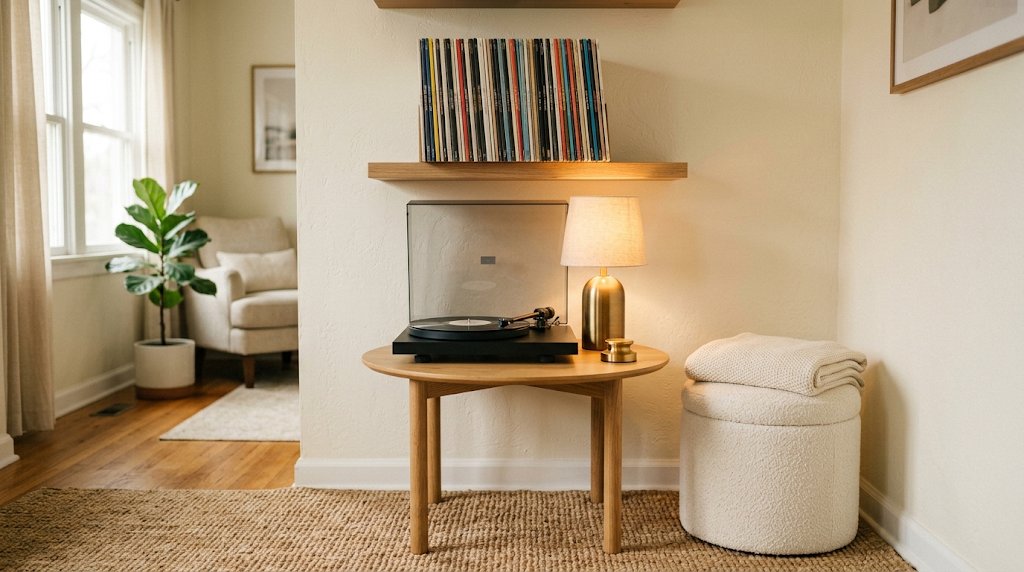 Small living room corner with a record player on a round side table, a floating shelf of vinyl records above, a brass table lamp, and a storage ottoman nearby
