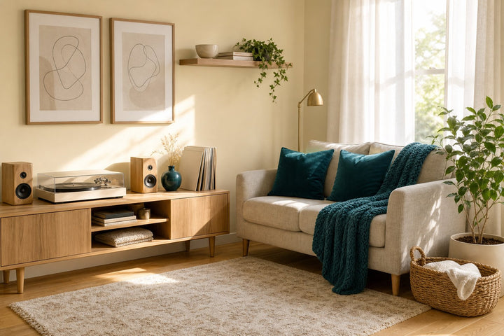 Small living room listening corner with a soft butter wall, an oak console holding a turntable and speakers, and an oatmeal loveseat with deep teal cushions and a teal knit throw