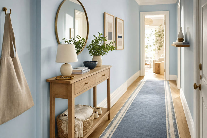 Narrow apartment hallway with a powder blue wall, a slim oak console with a round brass mirror, and a denim blue and ivory runner