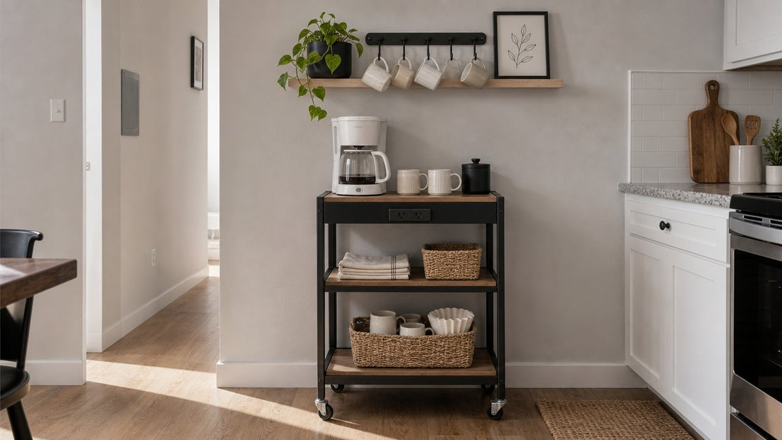 Narrow rolling coffee cart with a wall-mounted mug rack above it in a small apartment kitchen corner, styled with mugs, a plant, and a framed print