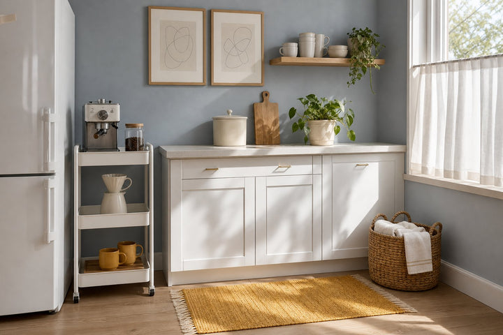 Small apartment kitchen corner with a dusty blue-gray wall, a white cabinet, a slim rolling cart holding a coffee machine and an ochre woven runner by a sunny window