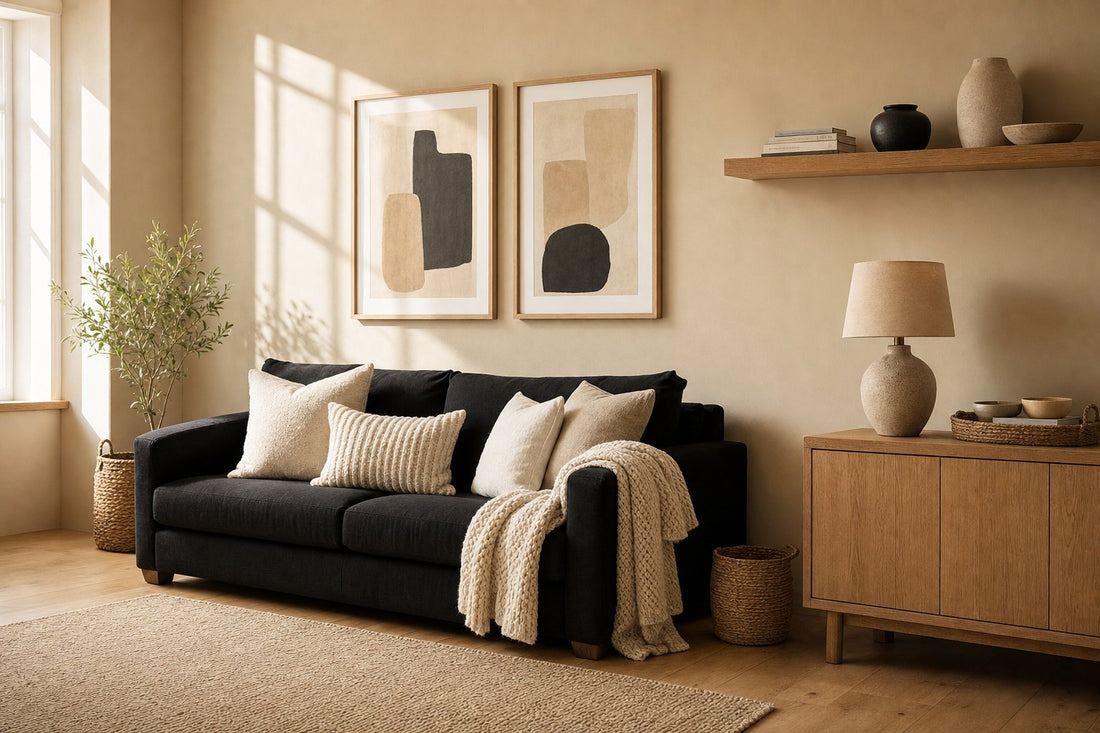 Calm small studio corner with a warm oatmeal wall, a soft black linen sofa, a low oak sideboard, and plenty of clear floor space