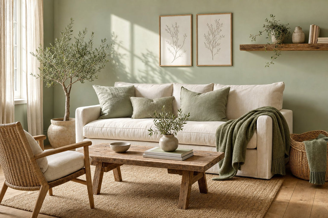 Small living room with a pale sage wall, a cream linen sofa with sage green cushions and an olive throw, and a potted olive tree in soft daylight