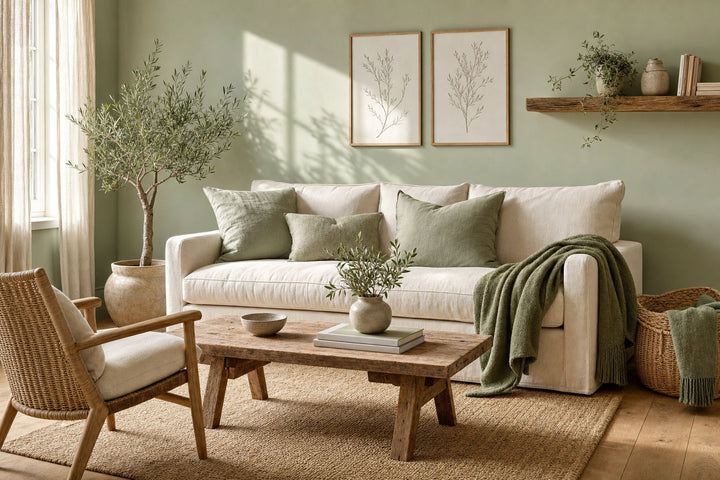 Small living room with a pale sage wall, a cream linen sofa with sage green cushions and an olive throw, and a potted olive tree in soft daylight