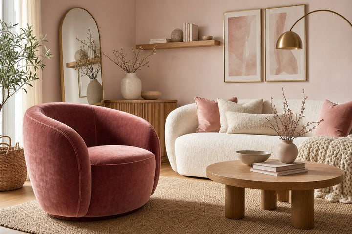 Small living room with a soft blush wall, a cream boucle sofa, a deep dusty-rose velvet armchair, and a brass arc lamp in warm window light