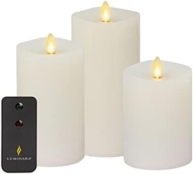 Luminara Realistic Artificial Moving Flame Pillar Candles - Set of 3 - Melted Top Edge, LED Battery Operated Lights - Unscented - Remote Included- 3" x 4.5", 3" x 5.5", 3" x 6.5" (Ivory)