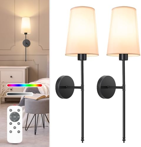 NIORSUN Battery Operated Wall Sconce Set of 2,Black Rechargeable Wall Lights with 5200mAh Dimmable Detachable Bulbs and Remote, 10 Colors Wireless Sconces for Bedroom Living Room Hallway