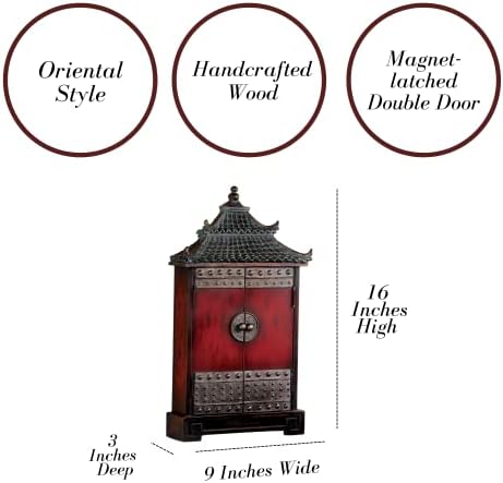 Touch of Class Oriental Pagoda Key Wall Cabinet Bronze - Oriental Furnishings Asian Accent - Accommodates Multiple Sets - Six Hooks Inside - Magnet Latched Double Door