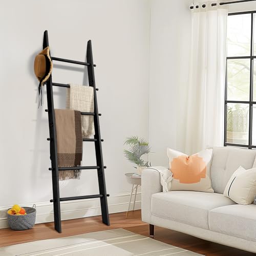 TEAKMAMA 6-Tier Blanket Ladder with Hanging Knobs, 5.5 Ft Wall Leaning Blanket Ladders for Living Room Bedroom, Rustic Decorative Ladder for Blankets, Throws, Cozy Home Decor, Easy to Assemble, Black