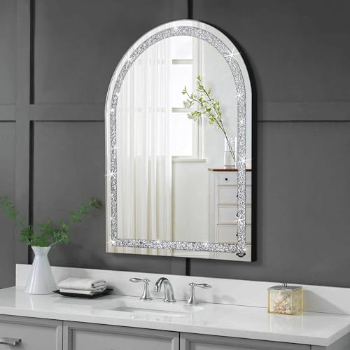 Arch Sparkling Decorative Wall Mirror, for Home Decoration with Silver Crystal Crush Diamond Décor, Dimention16x20 inch, Wall Hang Frameless Mirrors Glass Diamond Décor