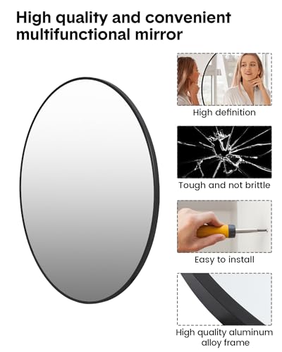 GAOMON 2024 New Matte Black Round Mirror, HD Eco-Friendly Bathroom Mirror, Metal Framed Circle Mirror, Wall Mirror for Entryway, Bathroom, Vanity, Living Room, Hallway, Easy to Install (24 Inch)