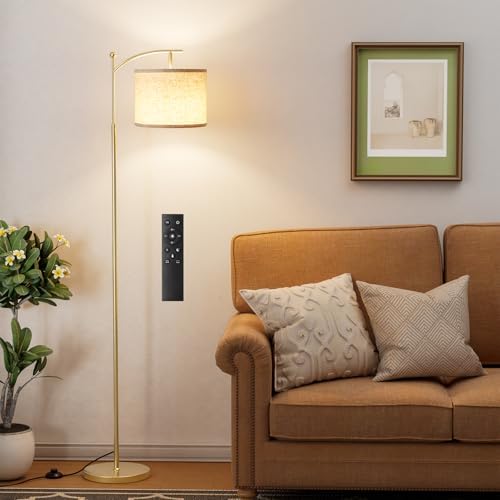 Ambimall 60" Floor Lamp with Remote Control and Stepless Dimmable Bulb, Colors Temperature & Brightness Adjustable, Modern Floor Lamps for Living Room（Beige Shade & Black Pole）