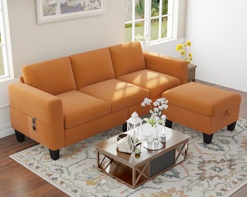Sectional Sofa Couches for Living Room 78" L Shaped Sofas with Storage Ottoman Small 3 Seater Couch Velvet Fabric, Beige