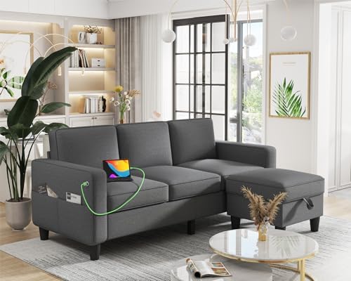 Sectional Sofa Couches for Living Room: Convertible L Shaped Couch with Storage Ottoman - Grey Small 3 Seater Sofas Furniture Set for Small Space