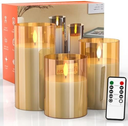 TJOY Flameless Candle Lights, Battery Operated Glass LED Fake Candles with Remote Control and Timer, Real Wax Grey Pillar Candles, Flickering Light for Festival Home Decor, Party, Wedding(Set of 3)