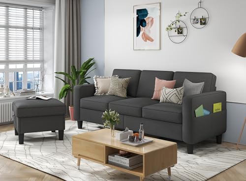 Sectional Sofa Couches for Living Room: Convertible L Shaped Couch with Storage Ottoman - Grey Small 3 Seater Sofas Furniture Set for Small Space