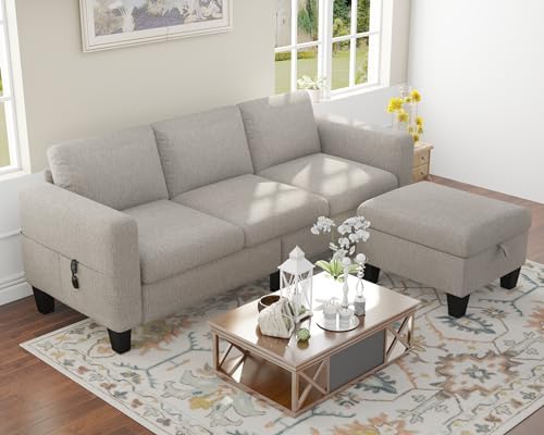 Sectional Sofa Couches for Living Room 78" L Shaped Sofas with Storage Ottoman Small 3 Seater Couch Velvet Fabric, Beige