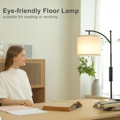 Ambimall 60" Floor Lamp with Remote Control and Stepless Dimmable Bulb, Colors Temperature & Brightness Adjustable, Modern Floor Lamps for Living Room（Beige Shade & Black Pole）