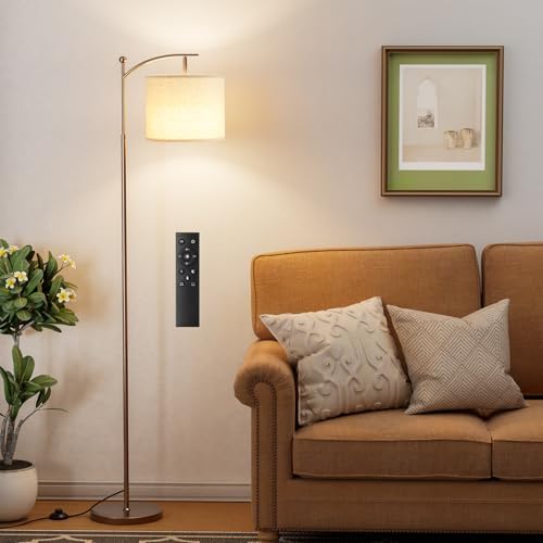 Ambimall 60" Floor Lamp with Remote Control and Stepless Dimmable Bulb, Colors Temperature & Brightness Adjustable, Modern Floor Lamps for Living Room（Beige Shade & Black Pole）