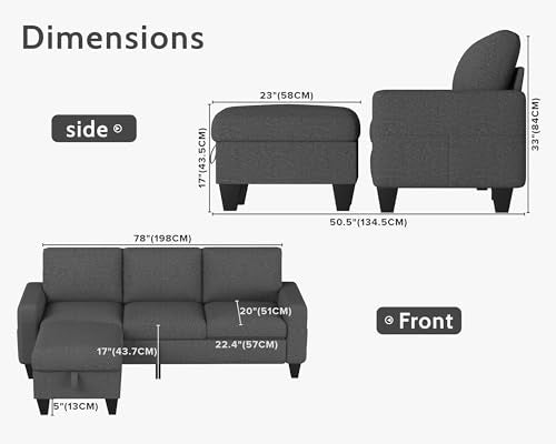 Sectional Sofa Couches for Living Room: Convertible L Shaped Couch with Storage Ottoman - Grey Small 3 Seater Sofas Furniture Set for Small Space