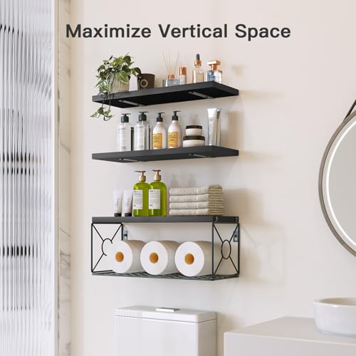 Amada Bathroom Shelves Over Toilet with Storage Basket, Floating Shelves Wall Shelves for Home Organization & Wall Decor, Bathroom/Kitchen/Living Room Shelves–Black