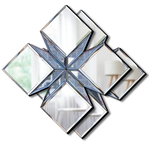 Decorative Mirror Diamond Shape 16.75” Glass Wall Mirror for Home Decor, Exquisite Silver & Light Blue Mirror Combination Accent Wall Decor