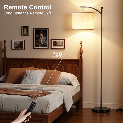 Ambimall 60" Floor Lamp with Remote Control and Stepless Dimmable Bulb, Colors Temperature & Brightness Adjustable, Modern Floor Lamps for Living Room（Beige Shade & Black Pole）