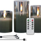 GenSwin Gray Glass Battery Operated Flameless Led Candles with 10-Key Remote and Timer, Real Wax Candles Warm White Flickering Light for Home Decoration(Set of 3)
