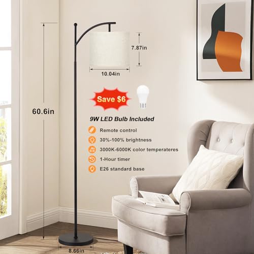 Ambimall 60" Floor Lamp with Remote Control and Stepless Dimmable Bulb, Colors Temperature & Brightness Adjustable, Modern Floor Lamps for Living Room（Beige Shade & Black Pole）