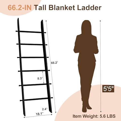 TEAKMAMA 6-Tier Blanket Ladder with Hanging Knobs, 5.5 Ft Wall Leaning Blanket Ladders for Living Room Bedroom, Rustic Decorative Ladder for Blankets, Throws, Cozy Home Decor, Easy to Assemble, Black