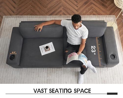 VanAcc Sofa, Comfy Couch- Deep Seat Sofa, Modern Couch with Cup Holders & USB Charging Ports, Sofa Chair for Living Room (Charcoal Grey Chenille)