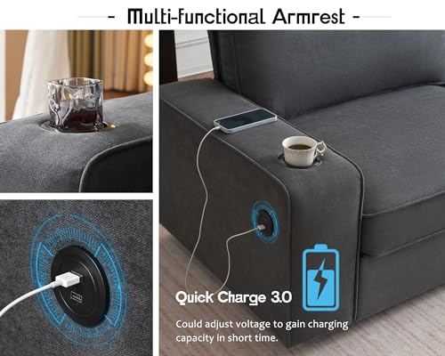 VanAcc Sofa, Comfy Couch- Deep Seat Sofa, Modern Couch with Cup Holders & USB Charging Ports, Sofa Chair for Living Room (Charcoal Grey Chenille)