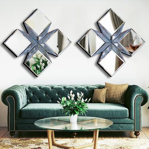 Decorative Mirror Diamond Shape 16.75” Glass Wall Mirror for Home Decor, Exquisite Silver & Light Blue Mirror Combination Accent Wall Decor