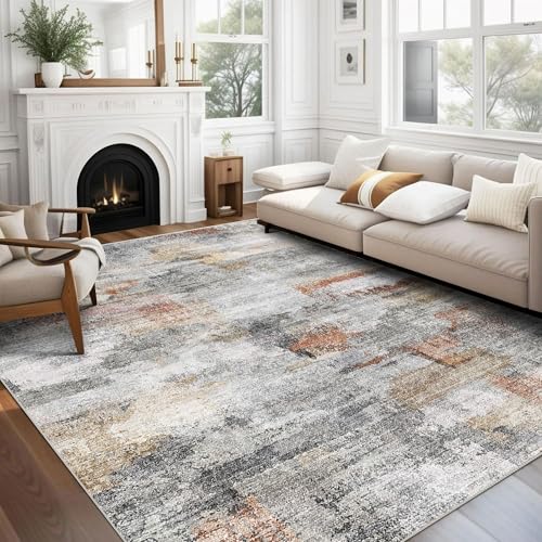 vivorug Washable Rug, Ultra Soft Area Rug 6x9, Non Slip Abstract Rug Foldable, Stain Resistant Rugs for Living Room Bedroom, Modern Fuzzy Rug (Gray/Rust, 6'x9')