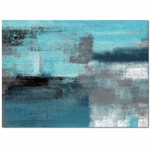 Contemporary Non-Slip Area Rug Turquoise and Grey Abstract Art Painting Teal Printed Rugs Art Carnival Rubber Backing Living Room Floor Mats Rectangle Area Rug Carpet for Indoor 4'x6'