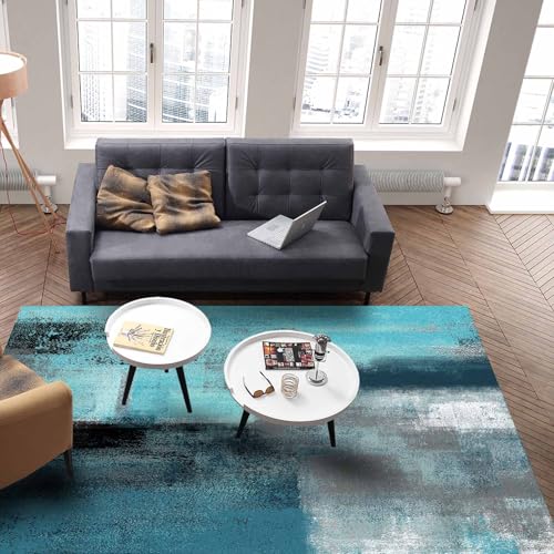 Contemporary Non-Slip Area Rug Turquoise and Grey Abstract Art Painting Teal Printed Rugs Art Carnival Rubber Backing Living Room Floor Mats Rectangle Area Rug Carpet for Indoor 4'x6'