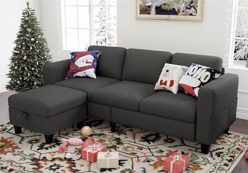 Sectional Sofa Couches for Living Room: Convertible L Shaped Couch with Storage Ottoman - Grey Small 3 Seater Sofas Furniture Set for Small Space