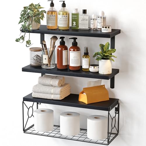 Amada Bathroom Shelves Over Toilet with Storage Basket, Floating Shelves Wall Shelves for Home Organization & Wall Decor, Bathroom/Kitchen/Living Room Shelves–Black